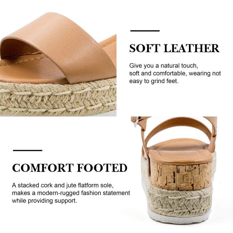 Athlefit Women's Espadrilles Platform Wedge Sandals Casual Open Toe Ankle Strap Buckle Summer Sandals, Khaki, Size 9.5, AD00502 - Image 4